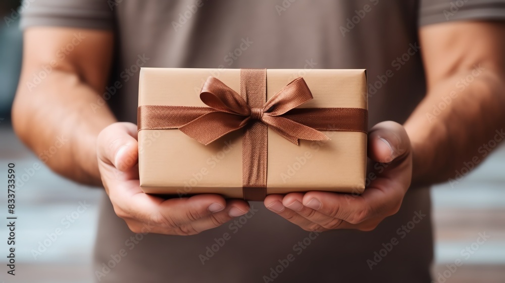 Hands presenting a beautifully wrapped Fathers Day present, capturing the excitement of gifting Isolated white background, copy space