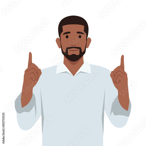 Thanks to God. Handsome young man in shirt and tie pointing up. Flat vector illustration isolated on white background