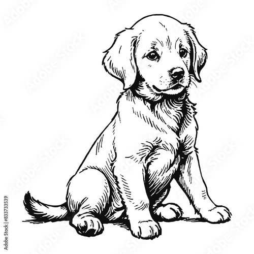 Golden Retriever Dog Puppy Hand Drawn Engraved Ink Line Art Sketch Illustration