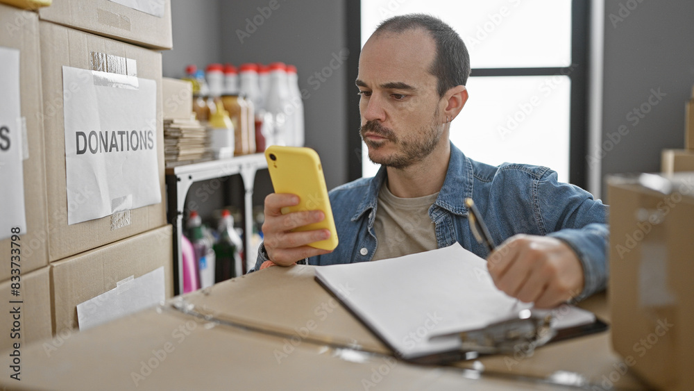 Hispanic man with beard checks phone in donation center warehouse Hispanic man with beard checks phone in donation center warehouse