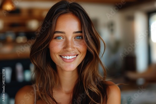 a photo showcasing a woman with shiny keratin-treated hair, smiling for a professional hair styling concept Free Download a photo showcasing a woman with shiny keratin-treated hair, smiling for a professional hair styling concept - GFXLoad