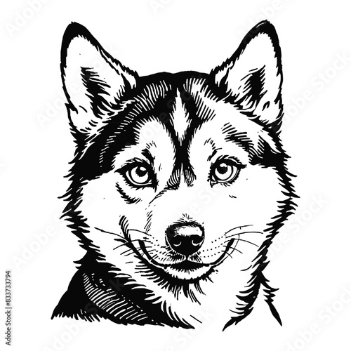 Husky Dog Puppy Hand Drawn Engraved Ink Line Art Sketch Illustration