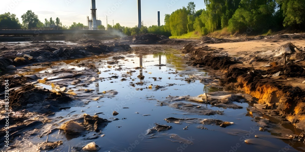 Obraz premium Industrial waste and sewage pollute river causing environmental disaster and contamination. Concept Polluting Industry, Sewage Overflow, River Contamination, Environmental Disaster