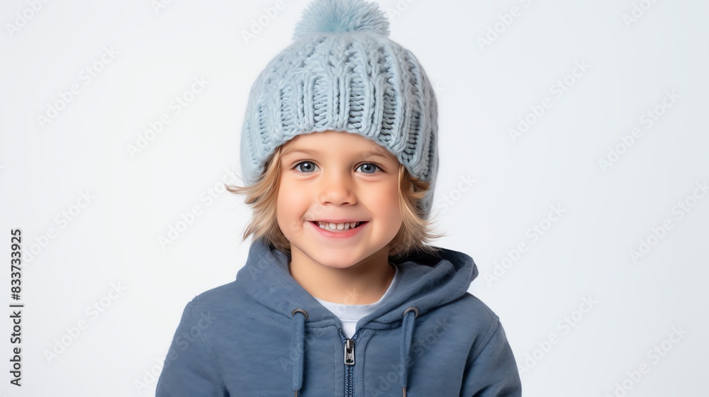 Child smiling and wearing a winter beanie, staying warm and cozy in cold weather Isolated white background, copy space Child smiling and wearing a winter beanie, staying warm and cozy in cold weather Isolated white background, copy space