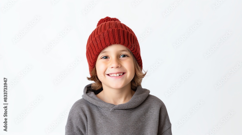 Child smiling and wearing a winter beanie, staying warm and cozy in cold weather Isolated white background, copy space Child smiling and wearing a winter beanie, staying warm and cozy in cold weather Isolated white background, copy space
