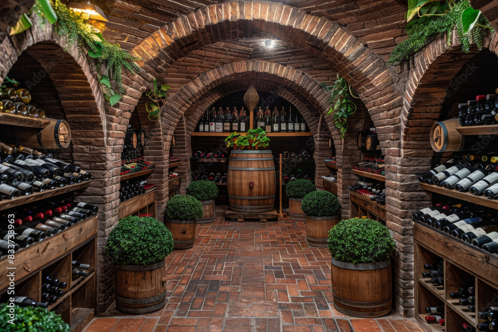 Fototapeta premium Underground wine cellar filled with rows of wooden barrels and racks of wine bottles, shrouded in dim lighting.