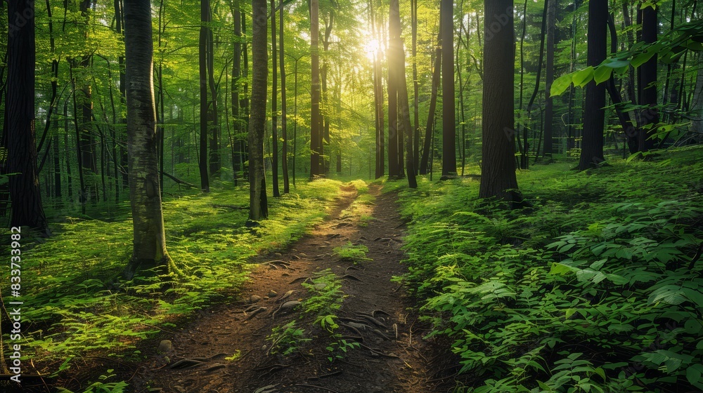 A forest path is shown in the sunlight, with trees on either side A forest path is shown in the sunlight, with trees on either side