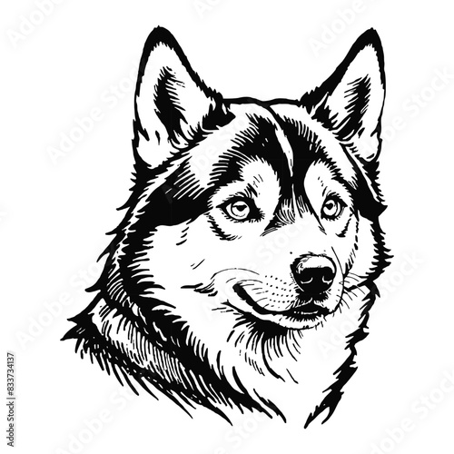 Husky Dog Hand Drawn Engraved Ink Line Art Sketch Illustration