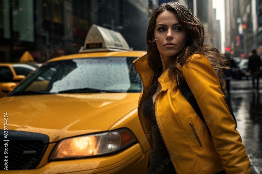 Fototapeta premium Confident young woman in a trendy yellow jacket standing by a yellow cab on a wet urban road