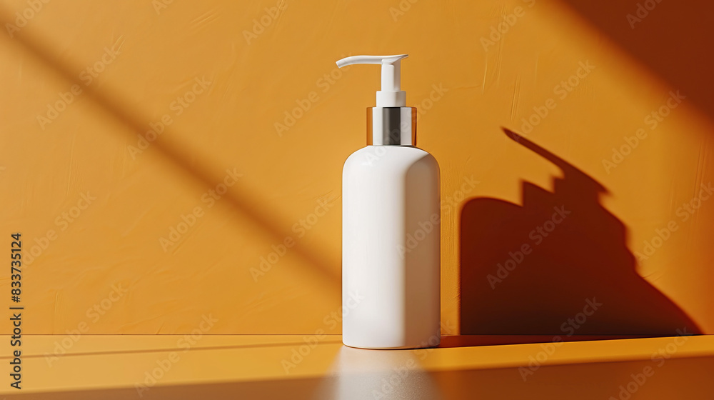 A bottle of lotion sits on a table in front of a wall A bottle of lotion sits on a table in front of a wall