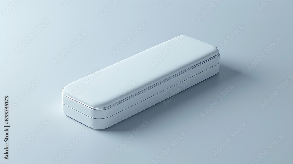 A white box with a silver handle sits on a white background A white box with a silver handle sits on a white background