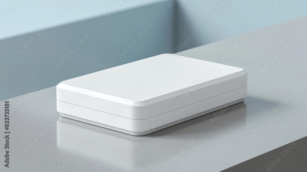 A white box with a black border sits on a countertop A white box with a black border sits on a countertop