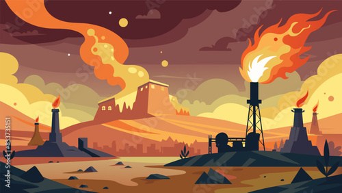 The flaring gas in the oil fields creates a surreal scene as if an otherworldly force has taken over the once peaceful landscape.. Vector illustration