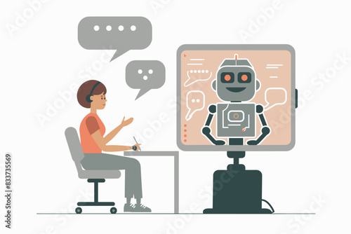 AI technology concept. People and artificial intelligence robots communication  Human using text and image chatbots for business help. Flat graphic vector illustration isolated on white background