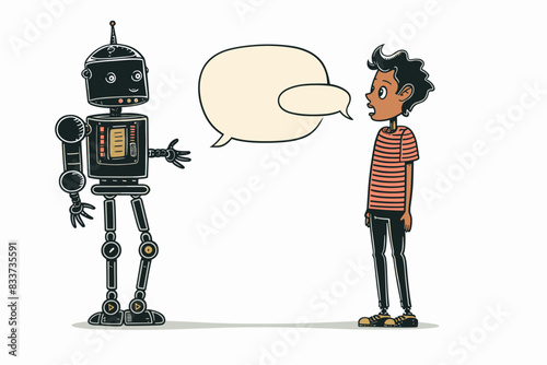 AI technology concept. People and artificial intelligence robots communication  Human using text and image chatbots for business help. Flat graphic vector illustration isolated on white background