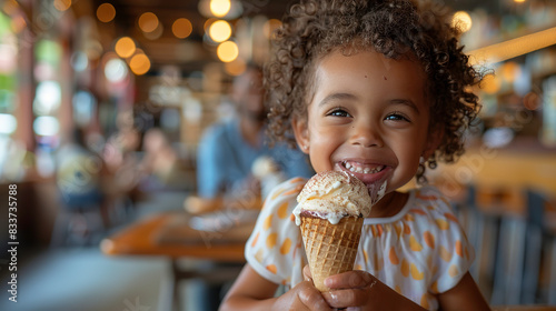 a black child eats sweet ice cream in a cafe at a table with his parents