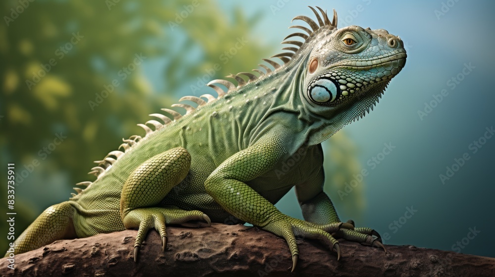 Fototapeta premium a green iguana perched on a branch, its scales glistening under the sun.