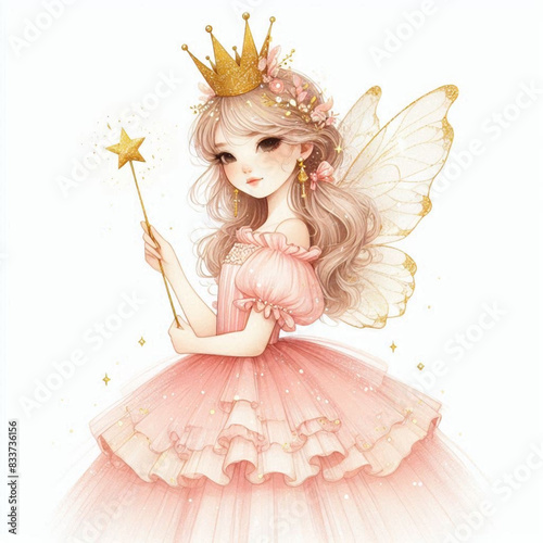 fairy-tale princess in a golden crown and pink dress holds a magic wand with a star in her hand.