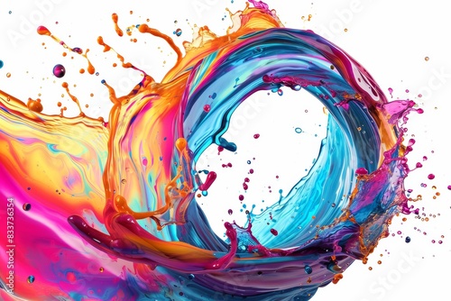 Abstract circle liquid motion flow explosion. Curved wave colorful pattern with paint drops on a white background, AI-generated
