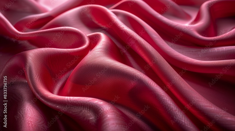 Fototapeta premium Luxurious close-up of red satin fabric with soft waves and sparkling water droplets enhancing its texture