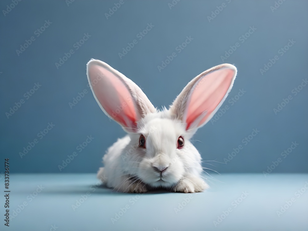 Portrait of a white domestic pet rabbit against a blue background. Portrait of a white domestic pet rabbit against a blue background.