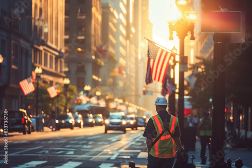 Construction worker in a high-visibility vest and helmet standing on a busy city street at sunset with American flags and traffic, capturing the essence of urban development and patriotism photo