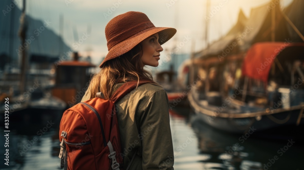 Solo Female Traveler at Picturesque Harbor During Golden Hour Solo Female Traveler at Picturesque Harbor During Golden Hour