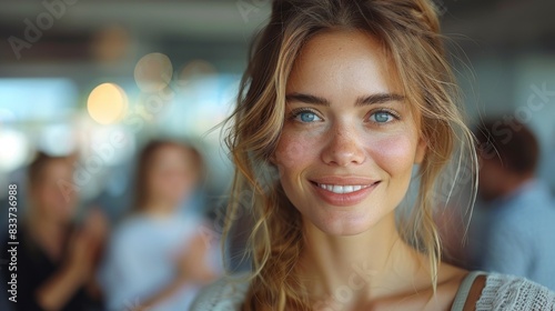 Close-up portrait of a smiling young woman with green eyes and freckles, captured in a brightly lit indoor setting with blurred background.