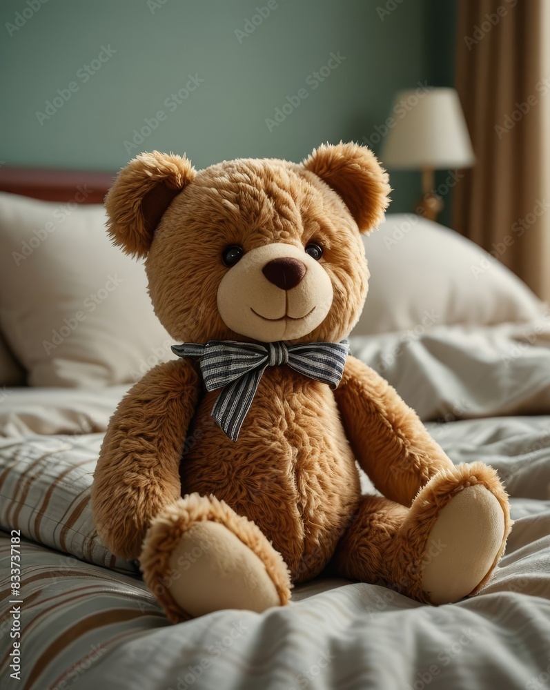 A Plush Teddy Bear Sitting on a Child's Bed, Shot from a Low Angle to Capture the Coziness and Charm of the Scene A Plush Teddy Bear Sitting on a Child's Bed, Shot from a Low Angle to Capture the Coziness and Charm of the Scene