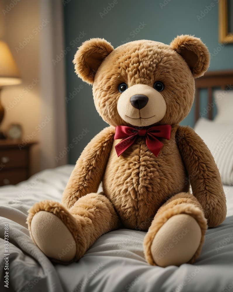 A Plush Teddy Bear Sitting on a Child's Bed, Shot from a Low Angle to Capture the Coziness and Charm of the Scene A Plush Teddy Bear Sitting on a Child's Bed, Shot from a Low Angle to Capture the Coziness and Charm of the Scene