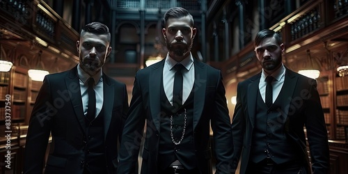 a image of three men in suits standing in a hallway photo