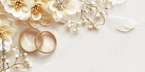 a image of two wedding rings and flowers on a white background