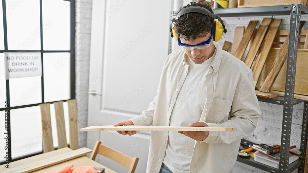 Bearded man wearing safety goggles and headphones examines wood in a bright workshop setting. Bearded man wearing safety goggles and headphones examines wood in a bright workshop setting.