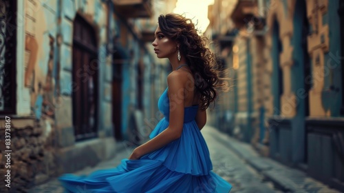 Elegant Woman in Blue Dress Walking Through Historic City Street © Anastasiia