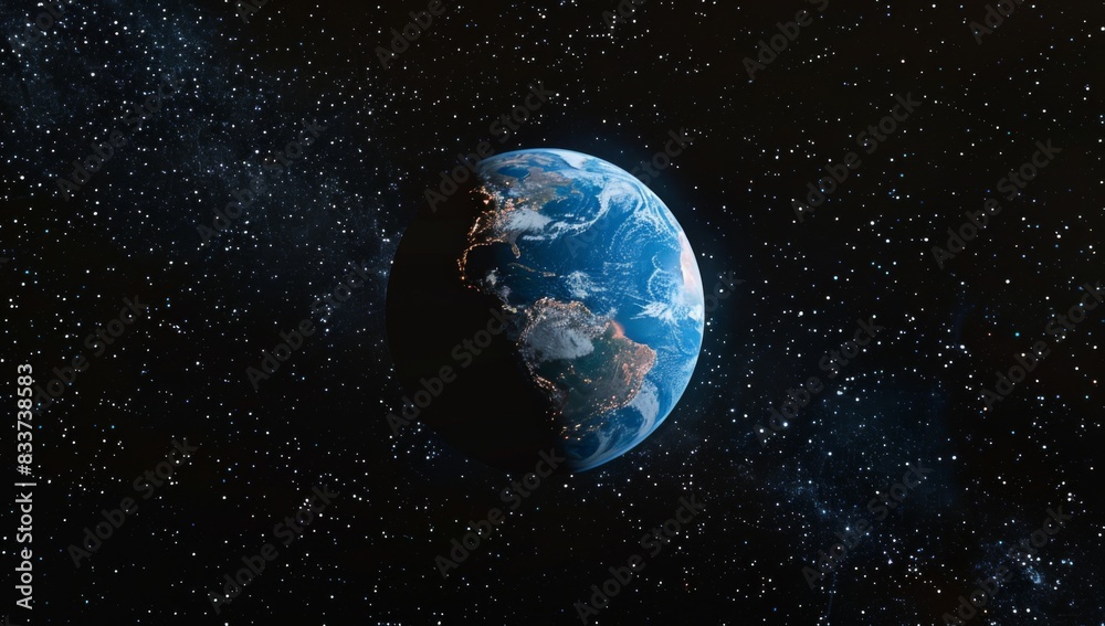 Fototapeta premium Hyper-Realistic Blue Earth Centered in Black Space, Surrounded by Stars.