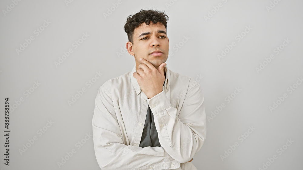 Handsome young man with beard in thoughtful pose against white wall, evoking introspection and style. Handsome young man with beard in thoughtful pose against white wall, evoking introspection and style.