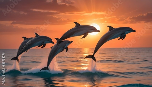 A pod of swift  Atlantic spotted dolphins joyfully leaping out of the serene  emerald-hued ocean at magic hour  the vibrant  tangerine sun casting a resplendent glow across the rippling waves