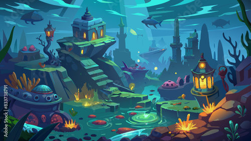 Underwater archaeological sites, revealing ancient cities with mysterious, glowing artifacts