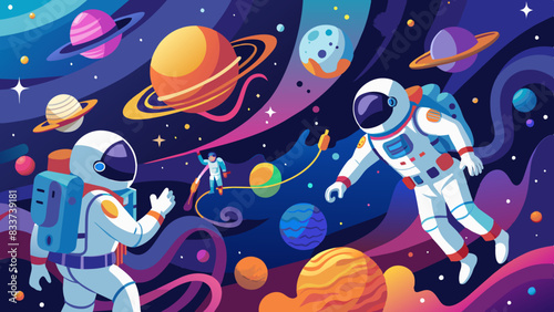 spaceship and space, Spacewalks with astronauts against backdrops of star clusters and colorful nebulas.