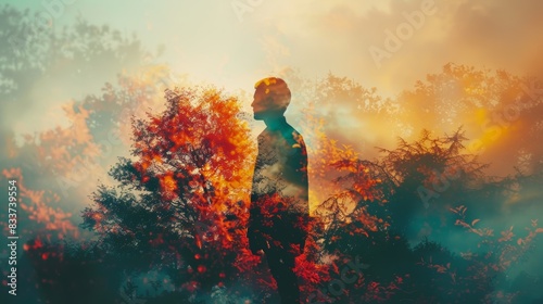 Wallpaper Mural A solitary figure stands amidst a vibrant, ethereal forest, bathed in warm, golden light. The scene evokes a sense of mystery and introspection. Torontodigital.ca