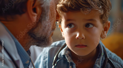 Professional pediatric care: Photo realistic image of a pediatrician examining a young child in a clinic, emphasizing health, care, and wellness. Perfect for pediatric and healthca photo