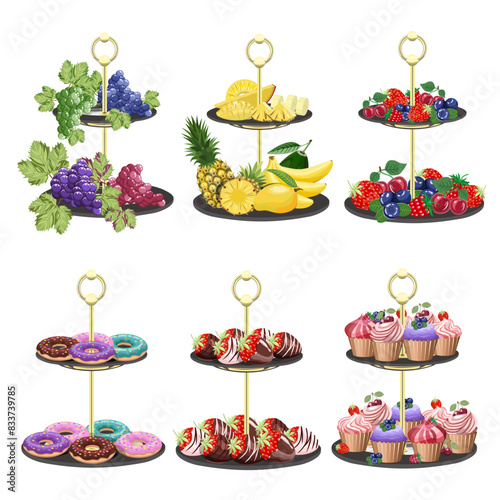 Set of desserts, fruits, berries, cakes on serving plates isolated on a white background. Vector collection of sweets for restaurant menus, banners, holiday designs.