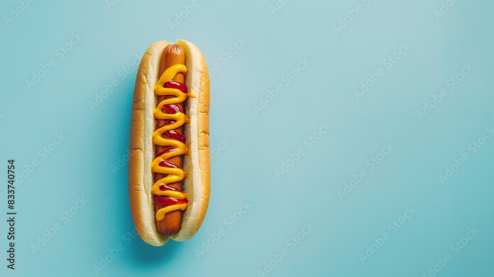 Simple hot dog with mustard and ketchup on a light blue background, capturing the essence of classic fast food. Perfect for culinary visuals Simple hot dog with mustard and ketchup on a light blue background, capturing the essence of classic fast food. Perfect for culinary visuals