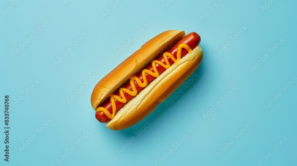 Simple hot dog with mustard and ketchup on a light blue background, capturing the essence of classic fast food. Perfect for culinary visuals Simple hot dog with mustard and ketchup on a light blue background, capturing the essence of classic fast food. Perfect for culinary visuals