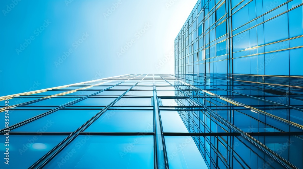 Skyscraper with multiple windows and a clear blue sky, emphasizing height and modern architecture. Perfect for cityscape and building imagery