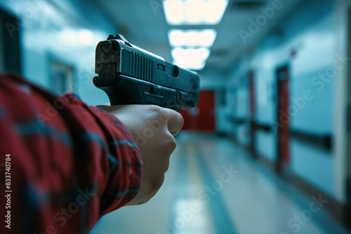 Close up of person's hand holding pistol gun in school corridor