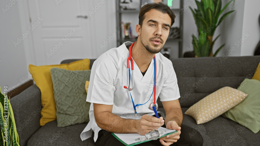 Handsome hispanic man with beard in white coat and stethoscope sitting in a modern clinic office, holding clipboard. Handsome hispanic man with beard in white coat and stethoscope sitting in a modern clinic office, holding clipboard.