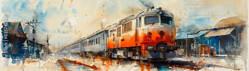 Watercolor painting of a train on tracks in a landscape.