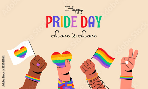 Hands of a group of different people with flags and symbols of LGBT day pride.Love is love.Vector stock illustration.