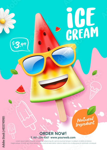 Ice cream watermelon summer promote colorful poster flyer background, Eps 10 vector illustration
